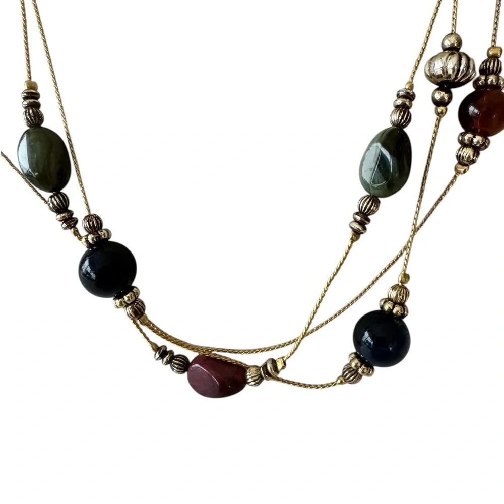 Women's Red Green Blue Beaded Gold Tone Necklace 2 Layer Y2K Boho Festival Party